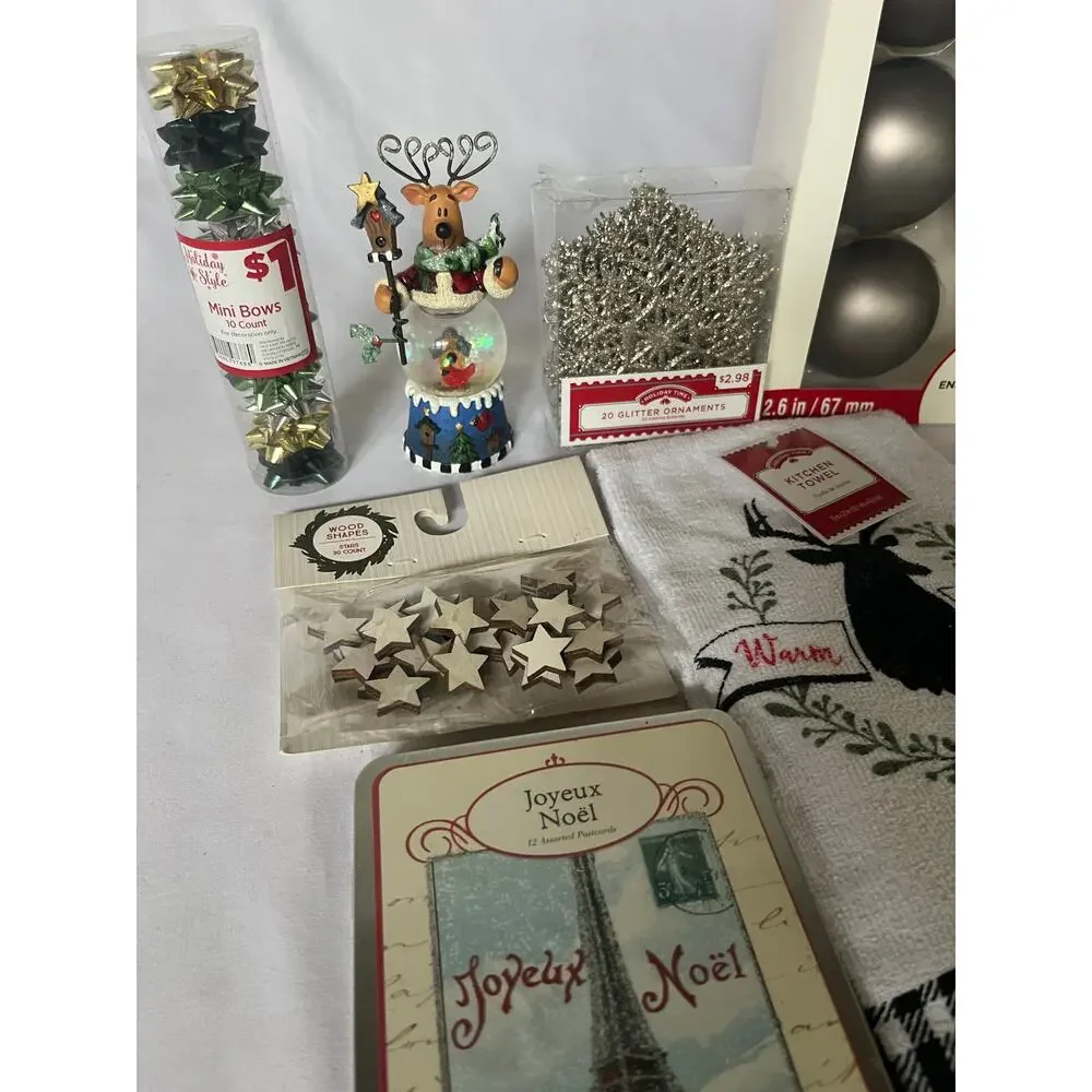 Christmas Decor Craft Lot Cavallini Tin Ashland Ornaments Reindeer NWT Towels